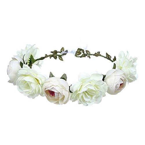 June Bloomy Women Rose Floral Crown Hair Wreath Leave Flower Headband with Adjustable Ribbon (White) - Image 1