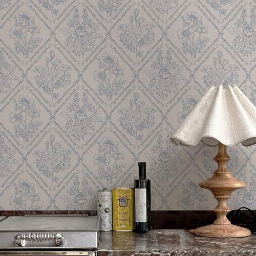 Toduso Peel and Stick Wallpaper Vintage Wall Paper Boho Contact Paper Blue Removable Wallpaper for Kitchen Bathroom Bedroom Floral Waterproof Self Adhesive Vinyl Drawer Decor 17.3"x78.7" - Image 1