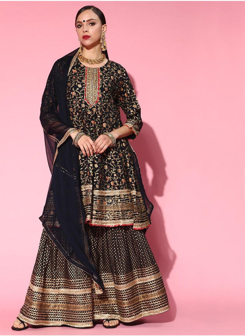 ISHIN Women's Navy Blue Rayon Embroidered Tunic Full Length Palazzo Straight Fit Kurta Set  - Image 1