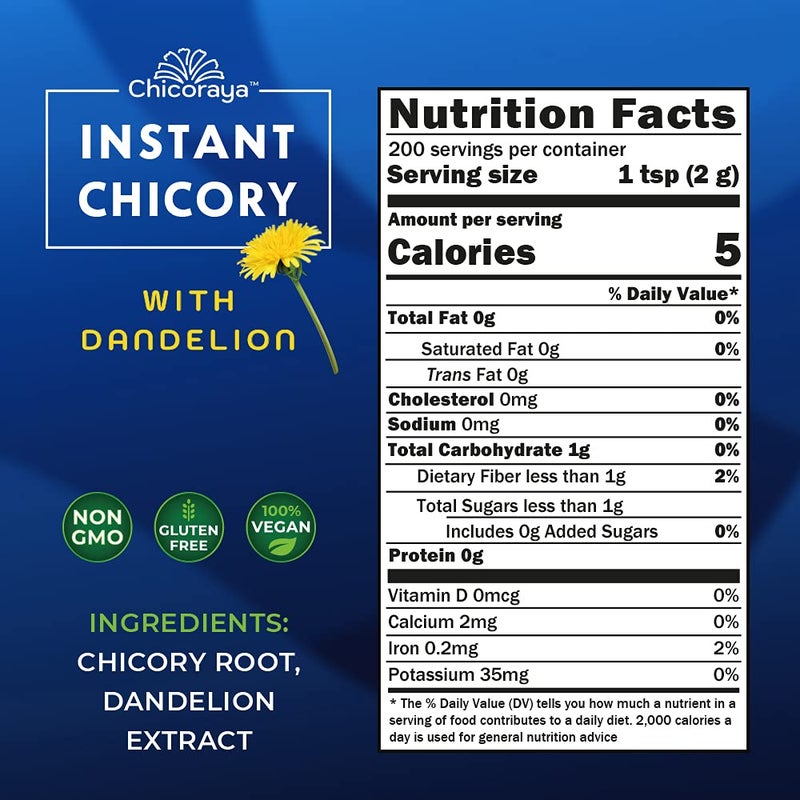 CHICORAYA Instant Chicory Coffee - Best for Decaf and Diet - Keto & Vegan Beverage Blend - Coffeine-Free Cofee Substitute Alternative - Roasted Root Powder, No Sugar (Dandelion, 14.1 oz) - Image 2