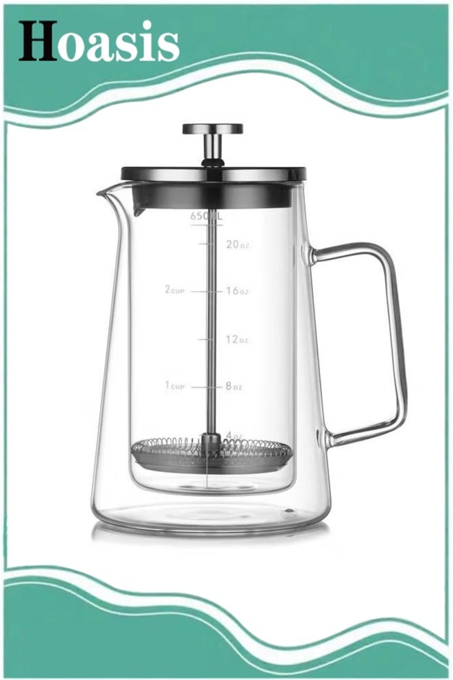ح واحة ماكينة تحضير القهوة الفرنسية الزجاجية، وعاء قهوة مزدوج الجدار سعة 650 مل، مع علامة صح وفلتر من الفولاذ المقاوم للصدأ - Image 1