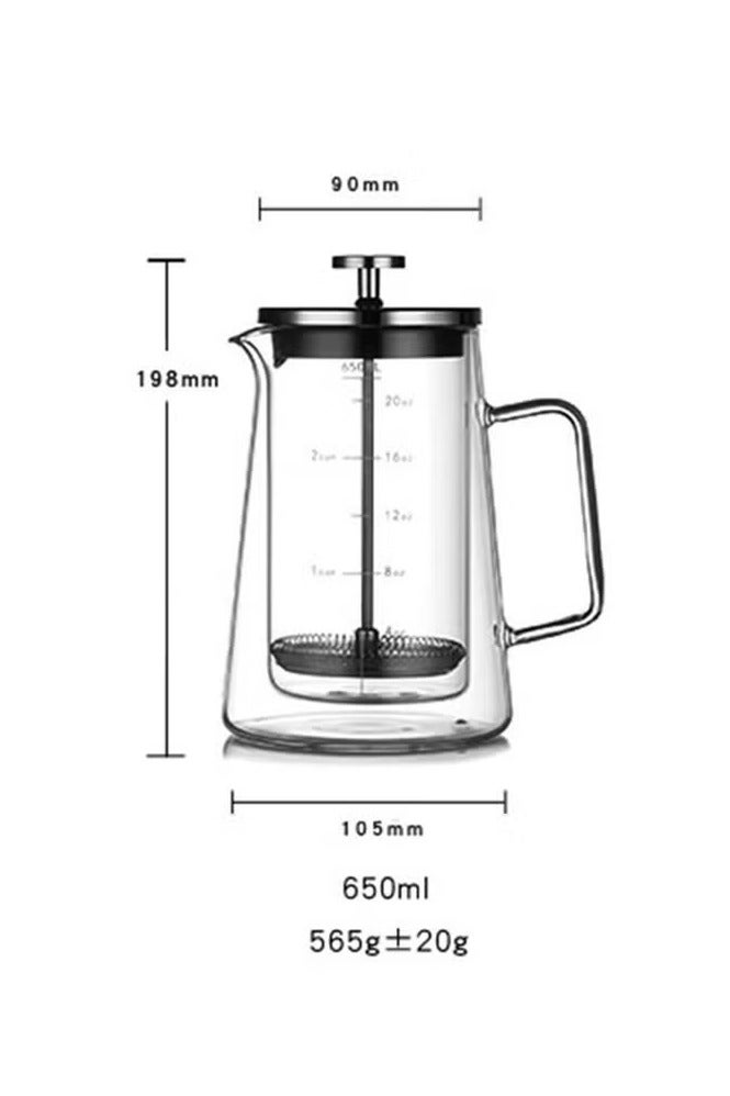 ح واحة ماكينة تحضير القهوة الفرنسية الزجاجية، وعاء قهوة مزدوج الجدار سعة 650 مل، مع علامة صح وفلتر من الفولاذ المقاوم للصدأ - Image 2