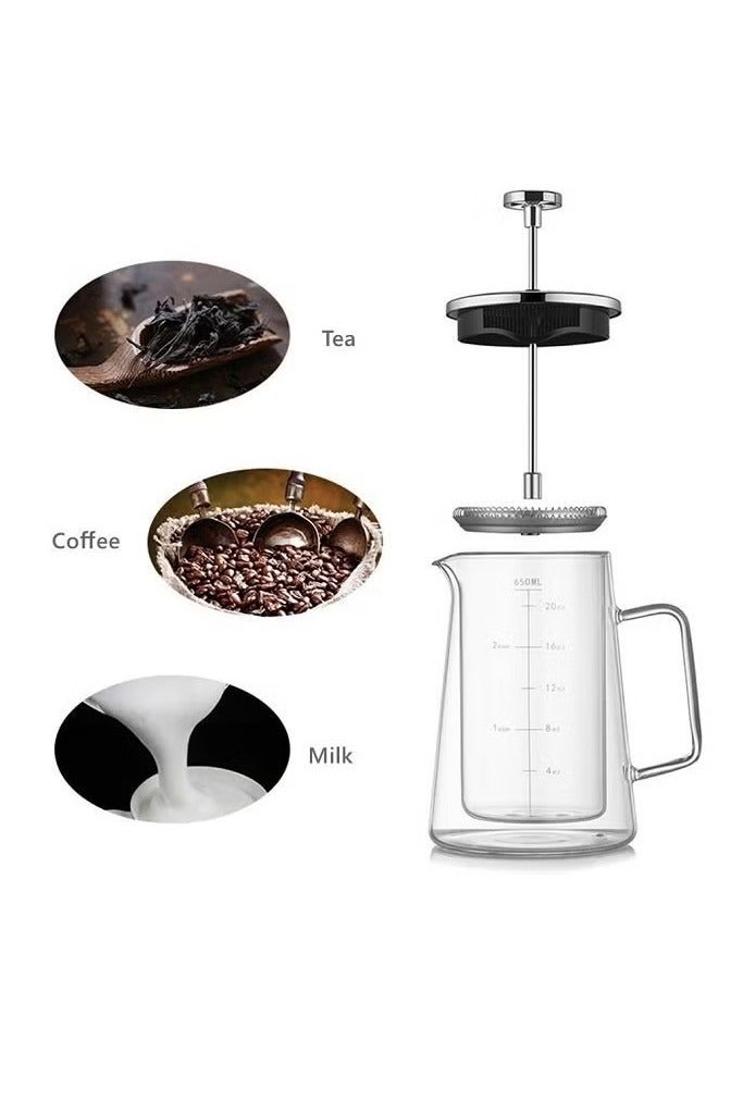 ح واحة ماكينة تحضير القهوة الفرنسية الزجاجية، وعاء قهوة مزدوج الجدار سعة 650 مل، مع علامة صح وفلتر من الفولاذ المقاوم للصدأ - Image 5