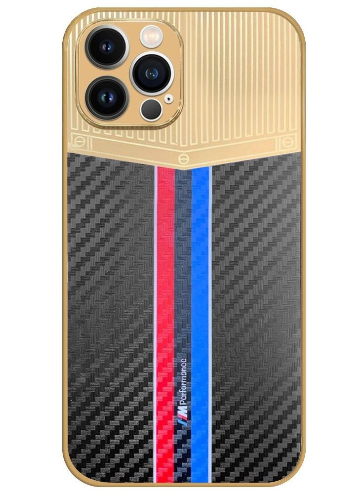 JOWAY iPhone 12 Pro Max Luxury Gold Plated Case Hybrid Electroplated Frame Back Cover with Carbon Fiber Texture Black/Blue/Red  - Image 1