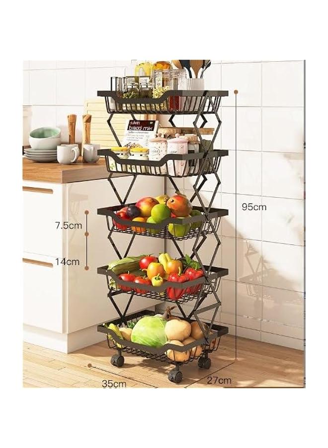 HOOKOR Fruit Storage Basket 5 Tier Rolling Collapsible Vegetable Fruit Basket Utility Cart Rack Storage Organizer Bin for Kitchen Pantry Closet Bedroom Bathroom - Image 2