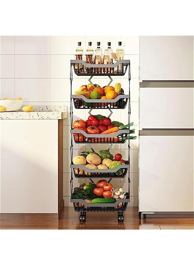HOOKOR Fruit Storage Basket 5 Tier Rolling Collapsible Vegetable Fruit Basket Utility Cart Rack Storage Organizer Bin for Kitchen Pantry Closet Bedroom Bathroom - Image 3