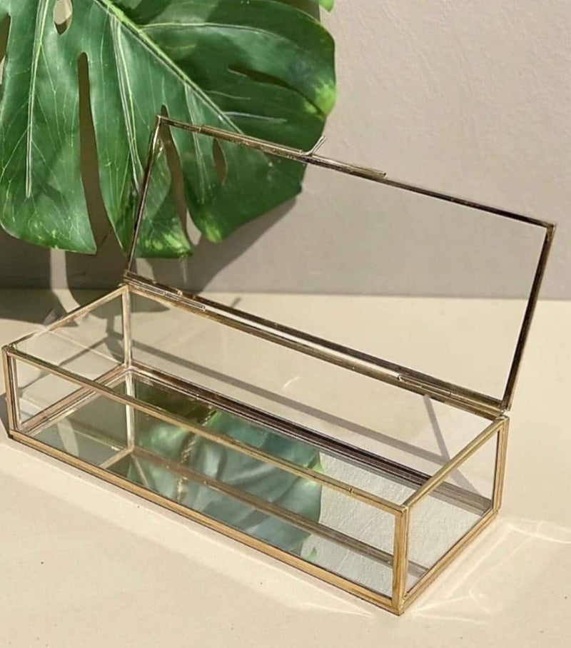 ARTINCO Art India Collections Glass Jewelry Display Box Long Ring Box, Cosmetic Box Gold (size - 10x4x2 inches) (Handmade & Brass and Mirror Material) - Image 1