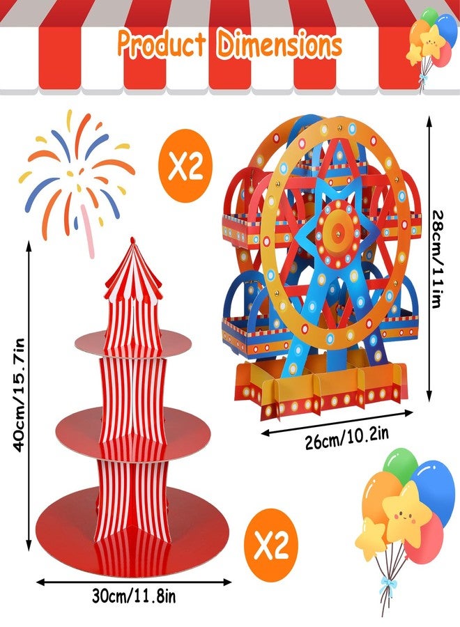 PercyEffie 4 Set Carnival Theme Ferris Wheel Centerpieces and Cupcake Stands 3 Tier Cardboard Cupcake Holder Towerwith Circus Carnival Tent Plim for Candy Desserts Theme Party - Image 2