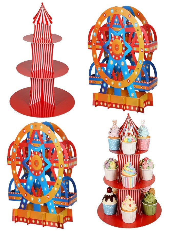 PercyEffie 4 Set Carnival Theme Ferris Wheel Centerpieces and Cupcake Stands 3 Tier Cardboard Cupcake Holder Towerwith Circus Carnival Tent Plim for Candy Desserts Theme Party - Image 1