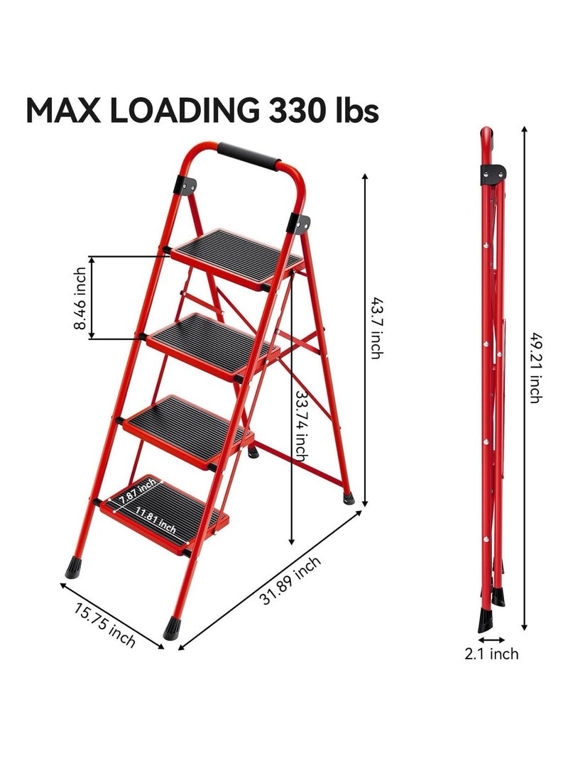 Folding Step Ladder 4 Steps Stool,Heavy-Duty Sturdy Safety Steel Tall Step Stool Ladders with Handrails & Wide Pedals for Adults Home Kitchen Office,Red  - Image 3