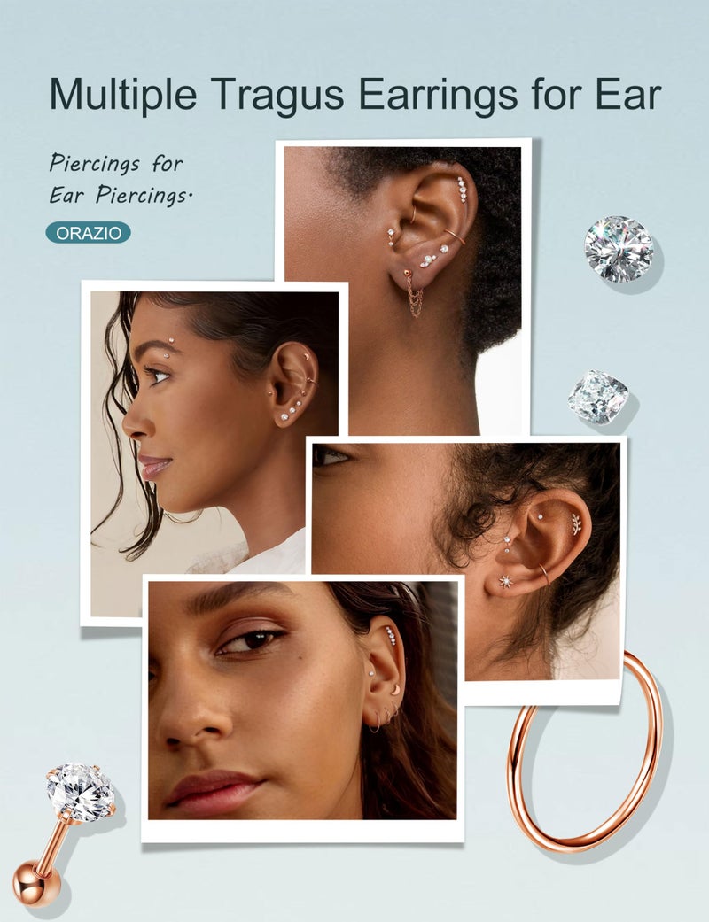 ORAZIO 16 Gauge Cartilage Earrings for Women-Hypoallergenic Surgical Stainless Steel Tragus Earring Threadless Flat Back Earrings Push in Nose Studs Rook Daith Conch Tragus Helix Piercing Jewelry R - Image 2