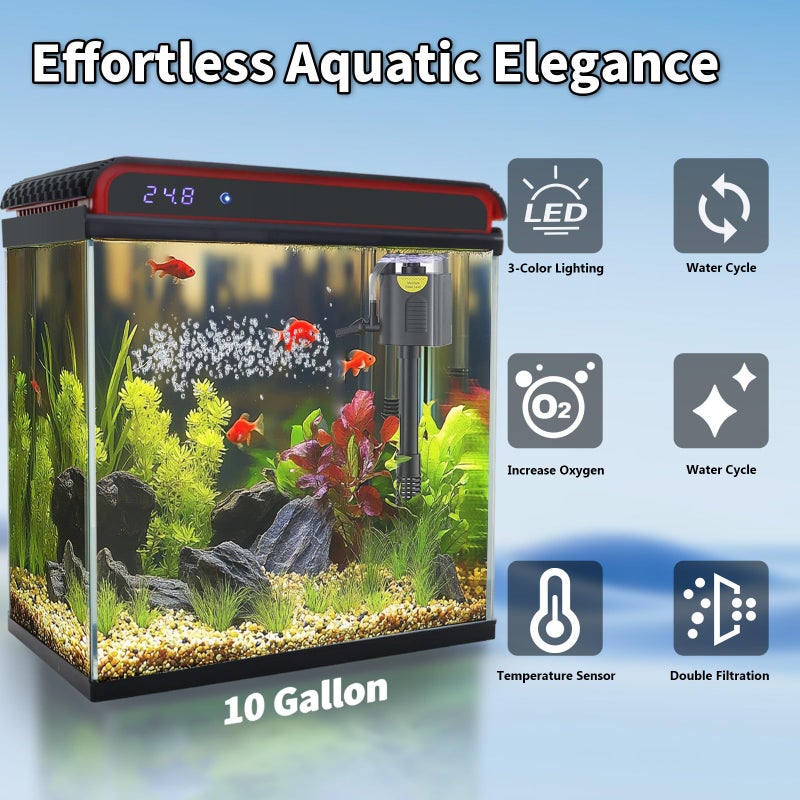 COOSPIDER Glass 10 Gallon Fish Tank Aquarium - Smart Self-Cleaning Starter Kit with 3-Color LED Light, Ultra Quiet Pump & Filter, Temperature Monitoring for Betta Fish and Shrimp - Image 2