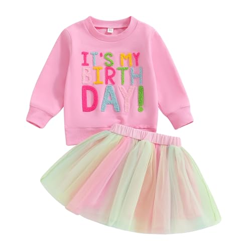 SAYOO Toddler Baby Girls Birthday Outfits Birthday Girl Embroidery Letter Sweatshirt TopsRainbow Tutu Skirt Fall Clothes Rose Pink 34T - Image 1