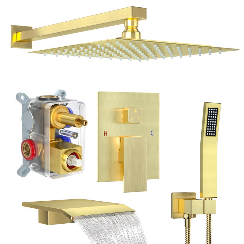 Fatspas Shower System with Tub Spout Shower Faucet Set with 12 Inch Rain Showerhead Handheld Shower Tub Spout Wall Mounted HighPressure Showerhead Combo Set Included Valve and Trim Brushed Gold