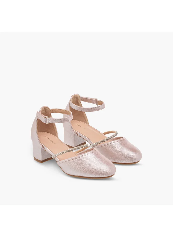Flora Bella By Shoexpress Girls Embellished Block Heel Shoes with Hook and Loop Closure