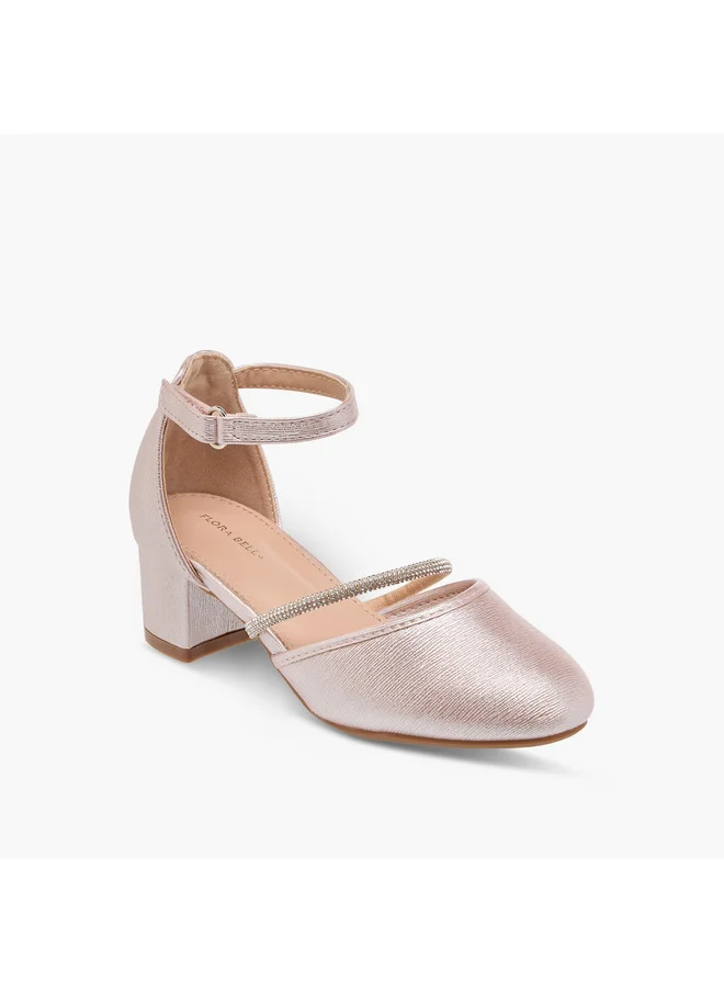 Flora Bella By Shoexpress Girls Embellished Block Heel Shoes with Hook and Loop Closure