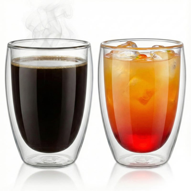 كويزين أرت طقم أكواب زجاجية مزدوجة الجدار من زجاج البورسليكات من كويزين آرت، سعة 350 مل، مكون من قطعتين | أكواب شفافة مقاومة للحرارة للشاي والقهوة واللاتيه | أواني زجاجية معزولة آمنة للاستخدام في الميكروويف وغسالة الصحون - Image 2