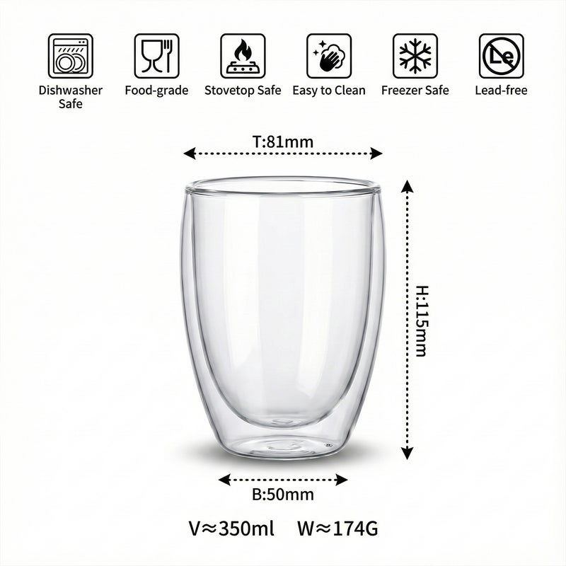 كويزين أرت طقم أكواب زجاجية مزدوجة الجدار من زجاج البورسليكات من كويزين آرت، سعة 350 مل، مكون من قطعتين | أكواب شفافة مقاومة للحرارة للشاي والقهوة واللاتيه | أواني زجاجية معزولة آمنة للاستخدام في الميكروويف وغسالة الصحون - Image 4
