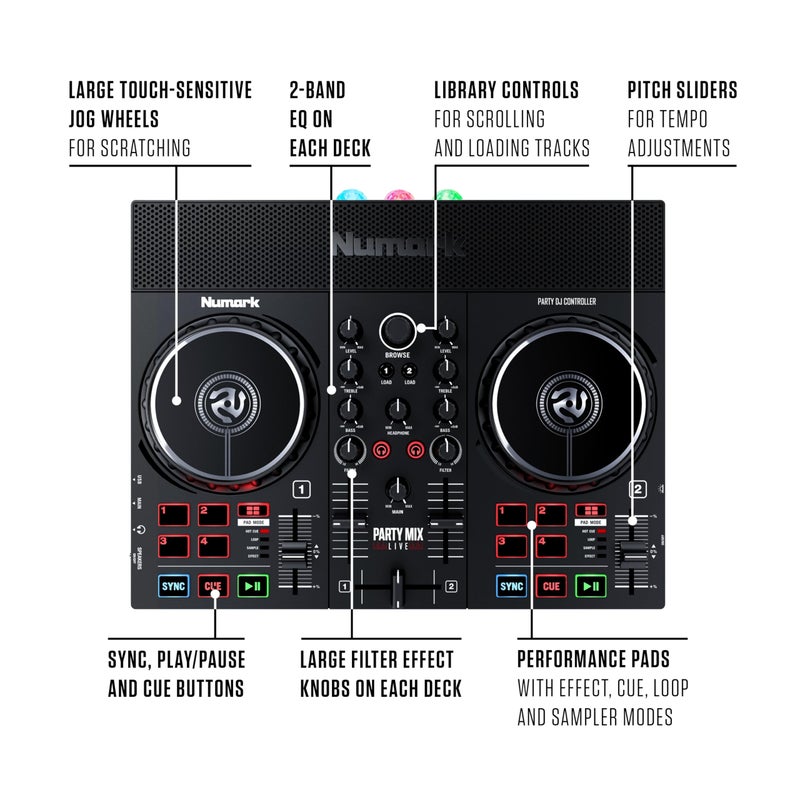 Numark Party Mix Live - DJ Controller with Built in Speakers, Party Lights and DJ Mixer, Complete Dj Set with Mixer and Audio Interface + Serato DJ Lite - Image 5