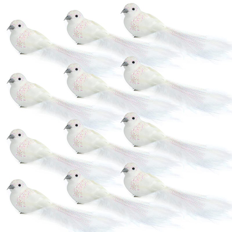 Ogrmar 12Pack Artificial Birds Ornaments Handmade Christmas Artificial Dove Birds with Sequins Clip on Christmas Tree for Xmas Tree Wreaths Garland DecorationsWhite