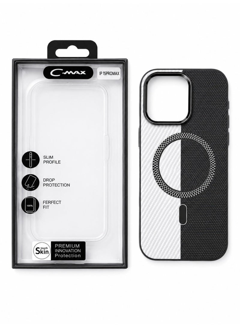 Cmax Premium Black & White Carbon Texture MagSafe Protective Case with Raised Camera Guard and Metal Buttons for iPhone 15 Pro Max - Image 1