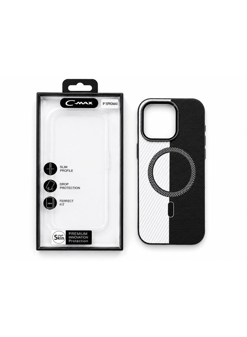 Cmax Premium Black & White Carbon Texture MagSafe Protective Case with Raised Camera Guard and Metal Buttons for iPhone 15 Pro Max - Image 4