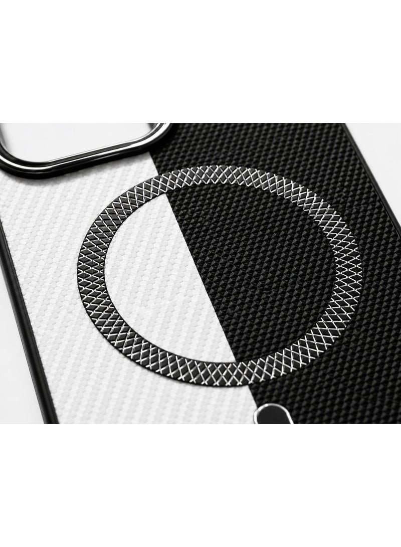 Cmax Premium Black & White Carbon Texture MagSafe Protective Case with Raised Camera Guard and Metal Buttons for iPhone 15 Pro Max - Image 2