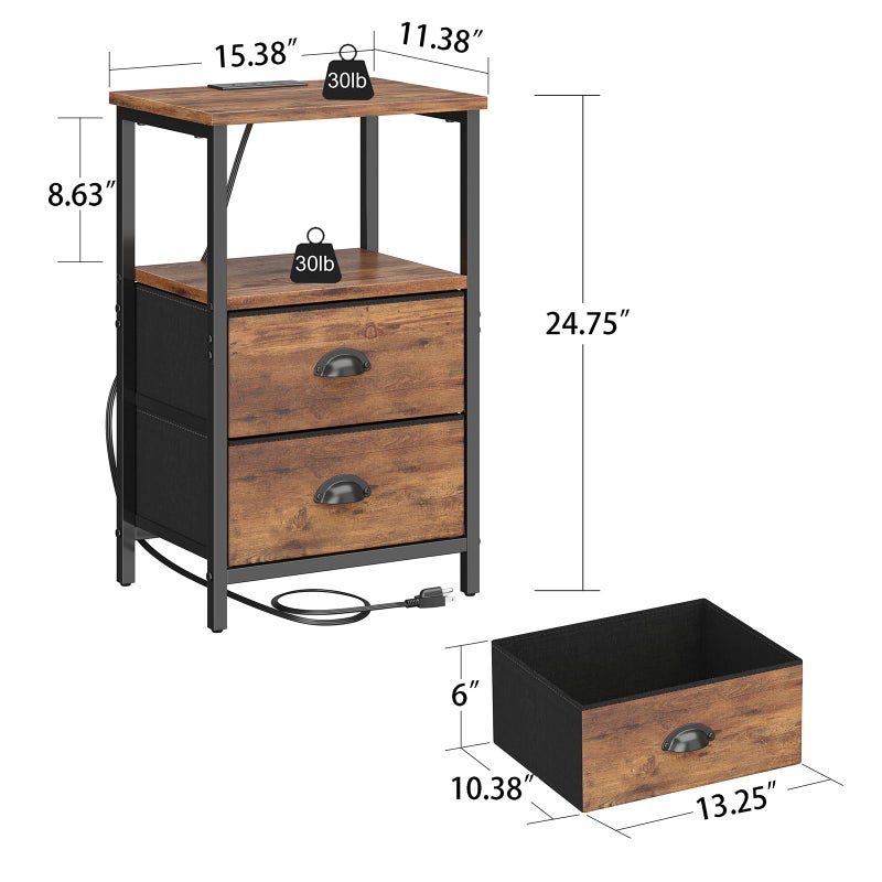 Sthmec Rustic Brown Industrial Nightstand Set of 2, Bedside Table with 2 Fabric Drawers, 3-Tier Storage, LED Light, Charging Station, 11.38''D * 15.38''W* 24.75''H - Image 3