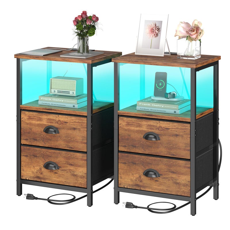 Sthmec Rustic Brown Industrial Nightstand Set of 2, Bedside Table with 2 Fabric Drawers, 3-Tier Storage, LED Light, Charging Station, 11.38''D * 15.38''W* 24.75''H - Image 1