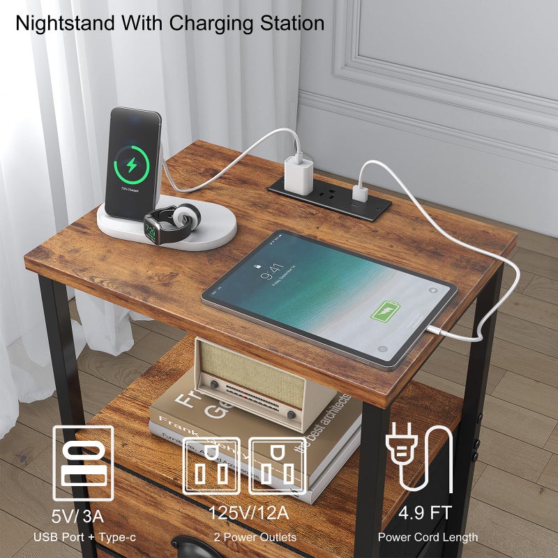 Sthmec Rustic Brown Industrial Nightstand Set of 2, Bedside Table with 2 Fabric Drawers, 3-Tier Storage, LED Light, Charging Station, 11.38''D * 15.38''W* 24.75''H - Image 4