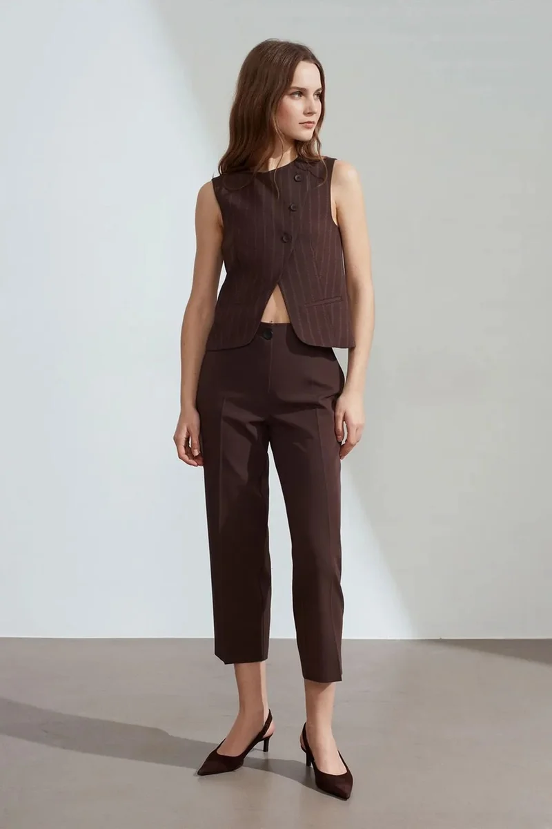 Dilvin Dark Mocha Brown DILVIN Striped Woven Waistcoat With Buttons for Women | Best Price UAE