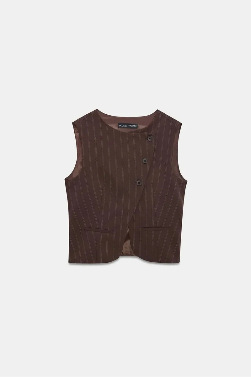 Dilvin Dark Mocha Brown DILVIN Striped Woven Waistcoat With Buttons for Women | Best Price UAE