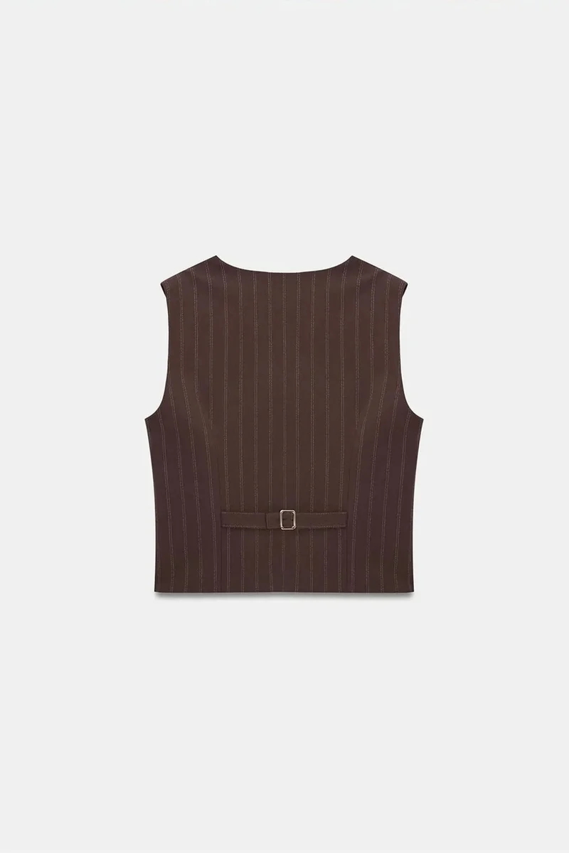 Dilvin Dark Mocha Brown DILVIN Striped Woven Waistcoat With Buttons for Women | Best Price UAE