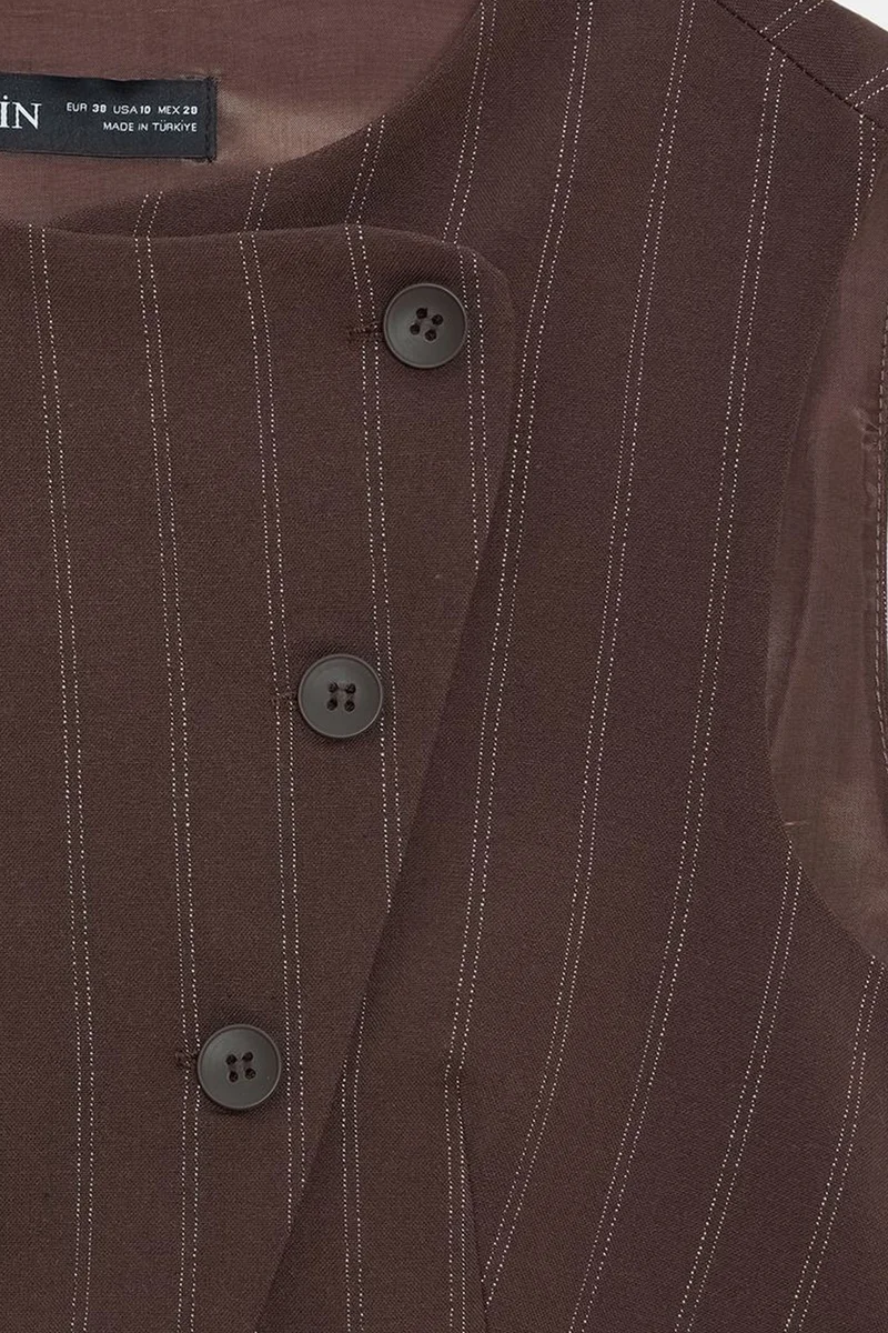 Dilvin Dark Mocha Brown DILVIN Striped Woven Waistcoat With Buttons for Women | Best Price UAE