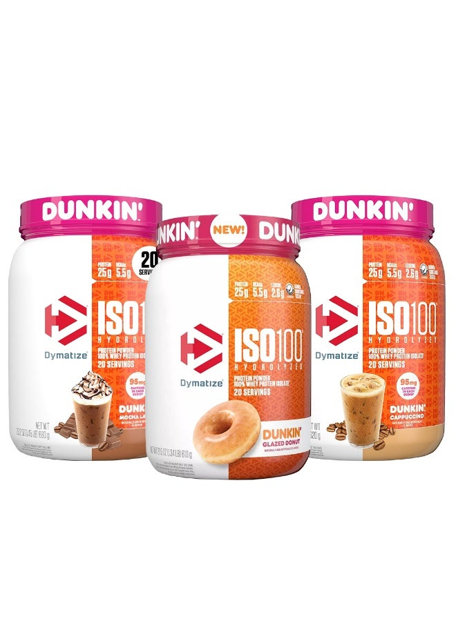 Dymatize ISO100 x Dunkin – Whey Protein Powder Bundle, 20 Servings, 3 Flavors Pack (Mocha Latte, Glazed Donut & Cappuccino) - Image 1