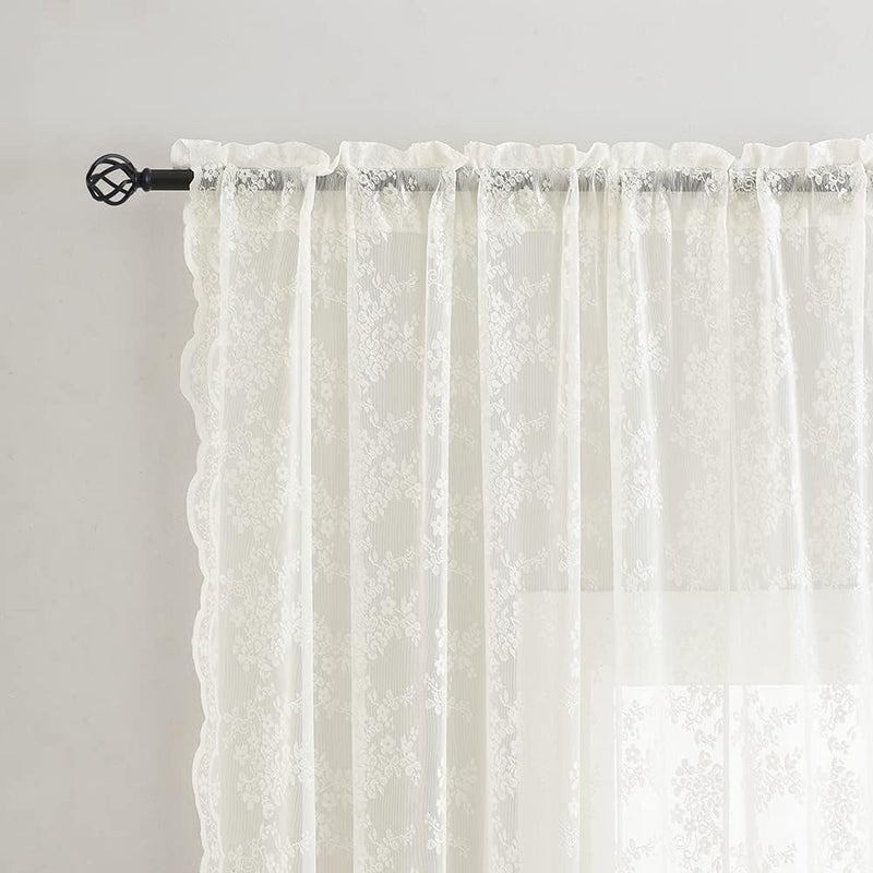 YJ YANJUN Ivory 105 inch Curtains 2 Panels for Living Room Rod Pocket Lace Floor to Ceiling Drapes for Patio Sliding Glass Door Custom Scalloped Edges Voile Sheer Panels 52"" W x 105"" L Cream/Off White - Image 2