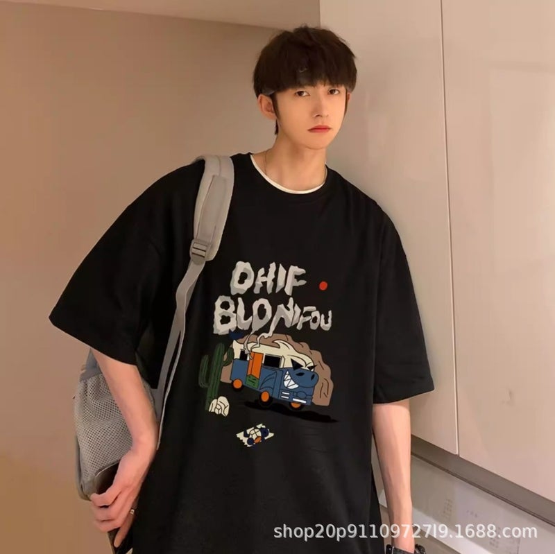 Hong Kong Style Short-Sleeved T-Shirt Men'S Korean Style Ins Style Printed Loose Trendyy Youth Large Size Half-Sleeve - Image 4