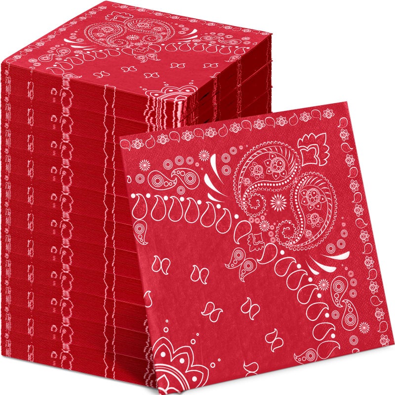 Teling Teling 2 Ply Western Party Bandana Napkins Disposable Paisley Print Paper Napkin Bulk Cowboy Theme Party Supplies for Western Cowboy Birthday Party Dinner Lunch Supplies  6.3"" x 6.3""(Red)  - Image 1