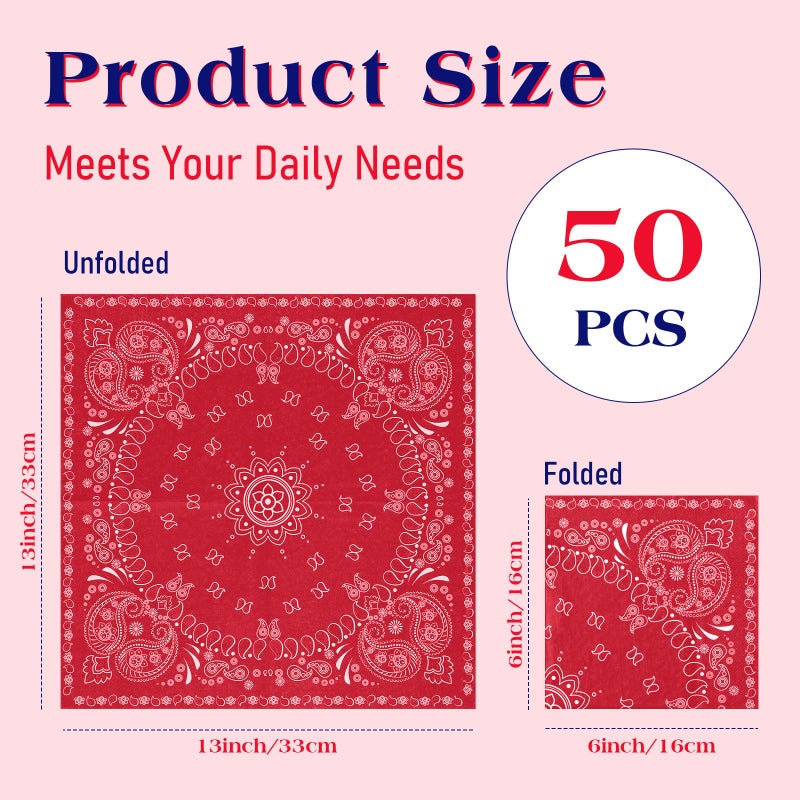 Teling Teling 2 Ply Western Party Bandana Napkins Disposable Paisley Print Paper Napkin Bulk Cowboy Theme Party Supplies for Western Cowboy Birthday Party Dinner Lunch Supplies  6.3"" x 6.3""(Red)  - Image 2
