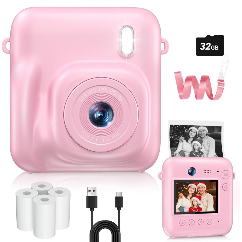Sevenat Kids Camera Instant Print, 48MP Dual-Lens Digital Camera for Girls Boys Christmas Birthday Gifts, 1080P Selfie Instant Cameras for Kids Video, Portable Toddler for 4-12 Years Old with 32GB Card-Pink - Image 1