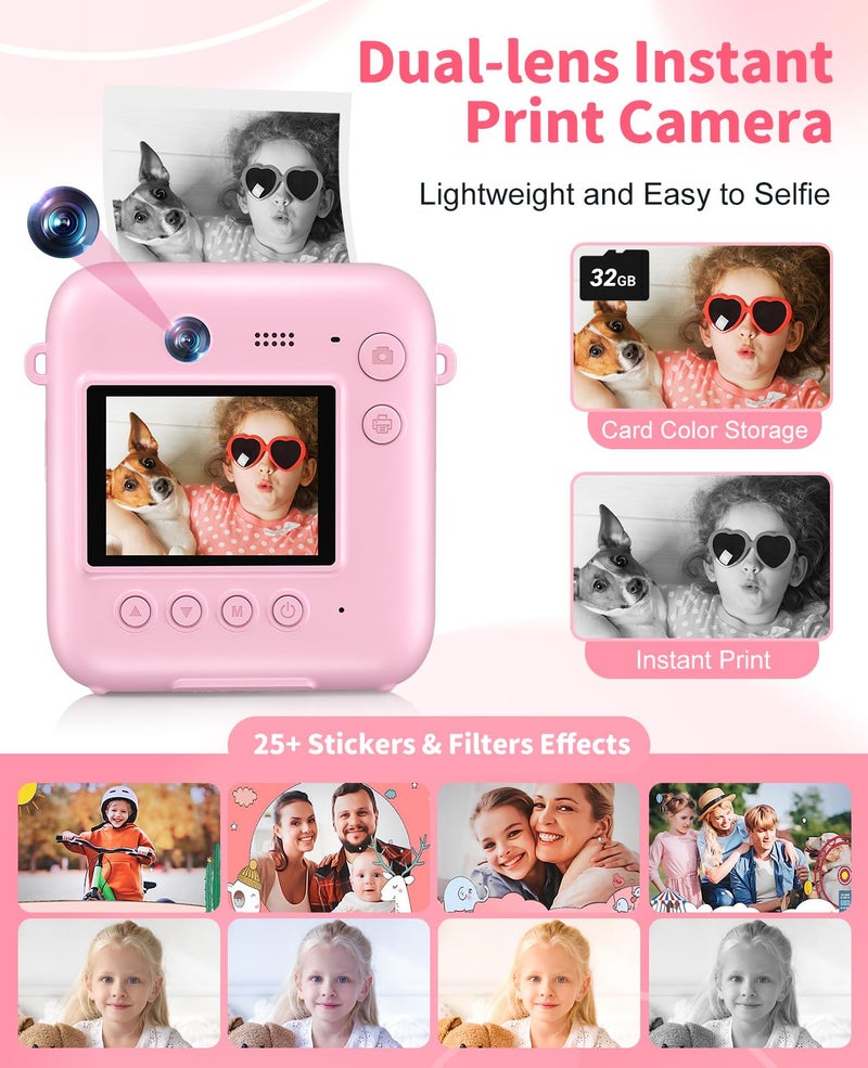 Sevenat Kids Camera Instant Print, 48MP Dual-Lens Digital Camera for Girls Boys Christmas Birthday Gifts, 1080P Selfie Instant Cameras for Kids Video, Portable Toddler for 4-12 Years Old with 32GB Card-Pink - Image 3