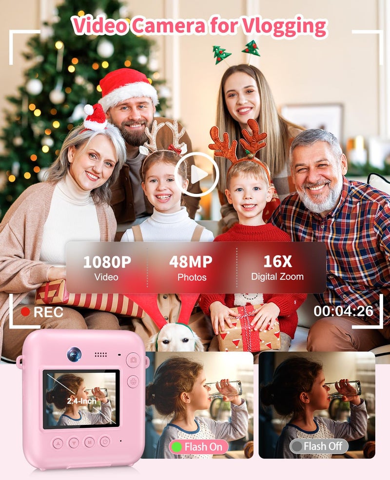 Sevenat Kids Camera Instant Print, 48MP Dual-Lens Digital Camera for Girls Boys Christmas Birthday Gifts, 1080P Selfie Instant Cameras for Kids Video, Portable Toddler for 4-12 Years Old with 32GB Card-Pink - Image 5