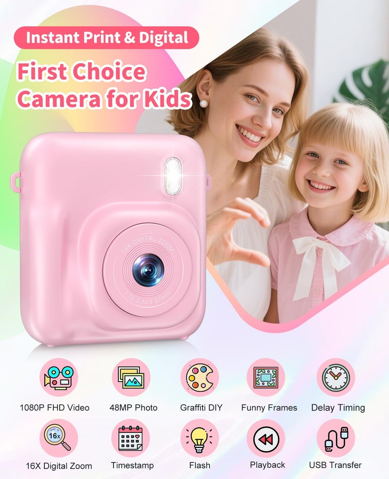 Sevenat Kids Camera Instant Print, 48MP Dual-Lens Digital Camera for Girls Boys Christmas Birthday Gifts, 1080P Selfie Instant Cameras for Kids Video, Portable Toddler for 4-12 Years Old with 32GB Card-Pink - Image 2