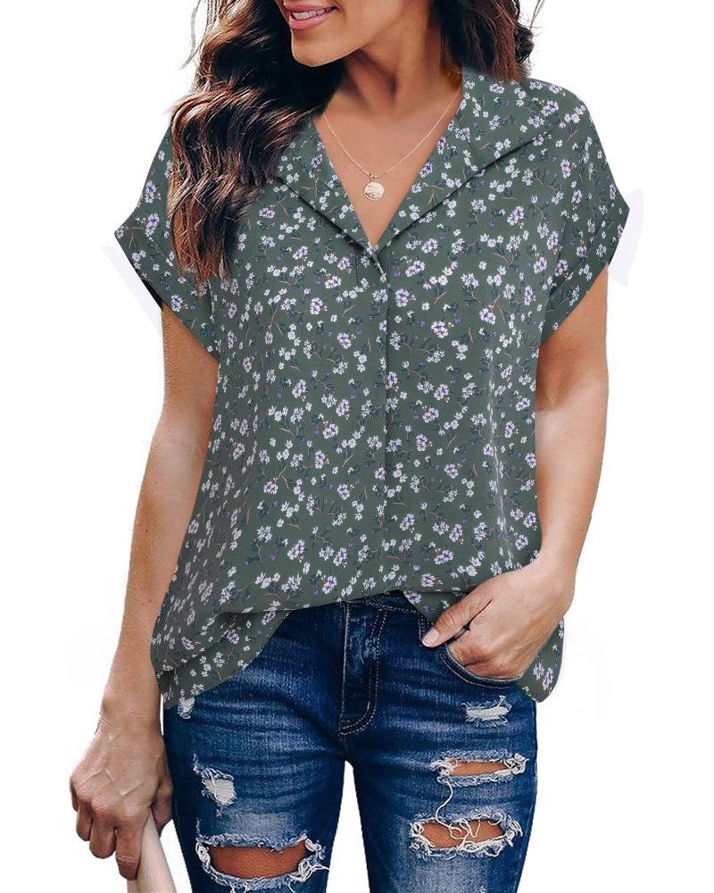 Timeson Ladies Tops and Blouses: Short Sleeve Work Tops for Women Office Professional Dressy Casual Collared V Neck Business Shirts for Women Wrinkle Free Interview Formal Clothes Sheer Floral Flowy - Image 2