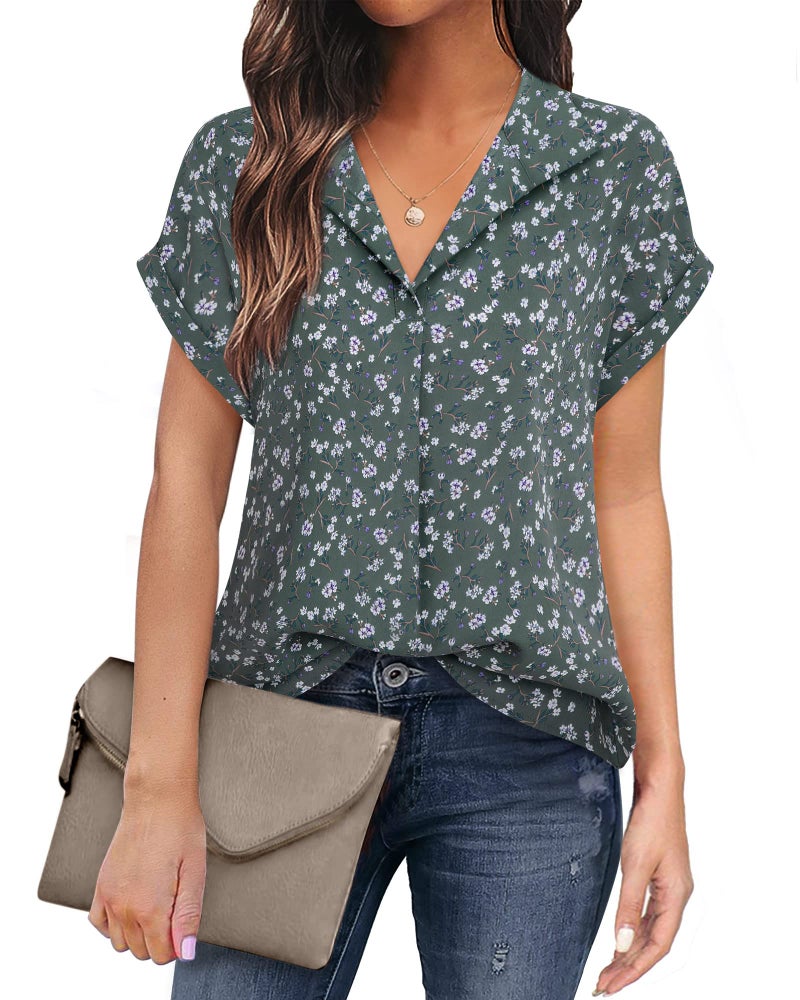 Timeson Ladies Tops and Blouses: Short Sleeve Work Tops for Women Office Professional Dressy Casual Collared V Neck Business Shirts for Women Wrinkle Free Interview Formal Clothes Sheer Floral Flowy - Image 1