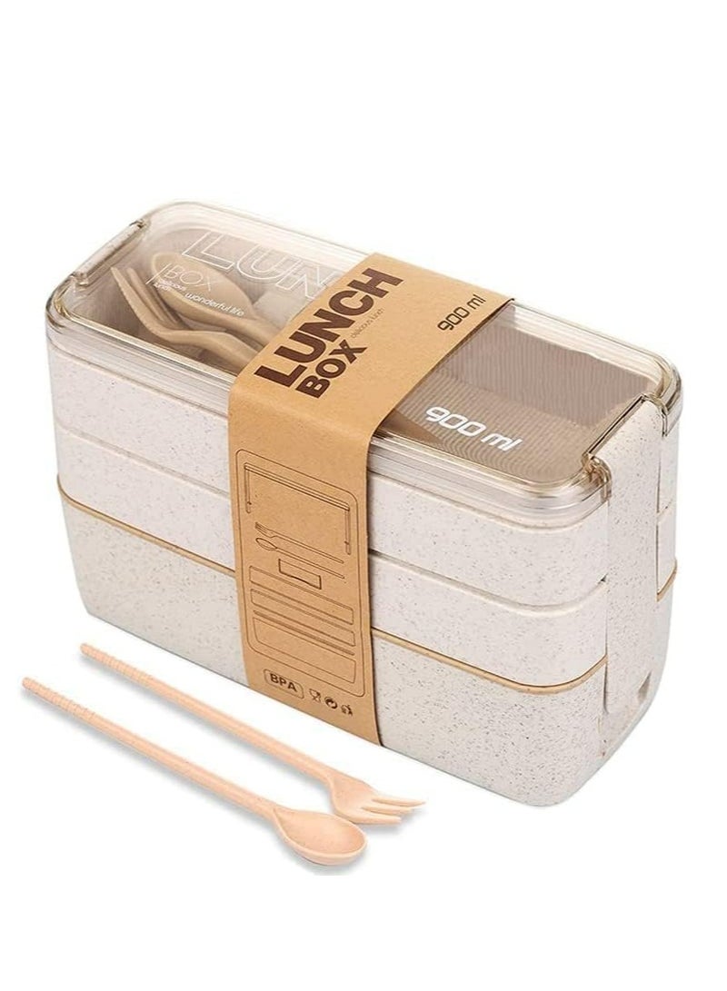 Oasisgalore Bento Box with Cutlery Set – 3-Compartment Japanese Lunch Box, Microwave & Dishwasher Safe(Beige)  - Image 1