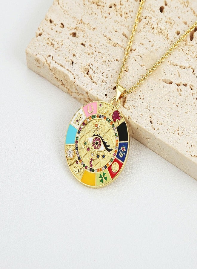 HZMAN Evil Eye Necklace for Women Retro Enamel 18K Gold Plated Round Medal Necklace Pendant Good Luck Amulet Jewelry Gift (Colorful-5) - Image 5