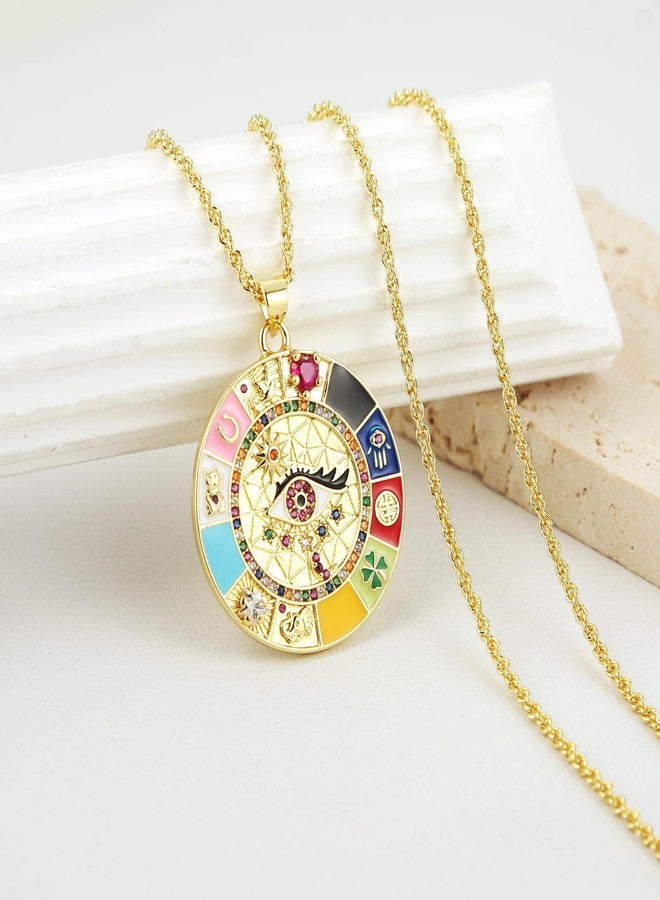 HZMAN Evil Eye Necklace for Women Retro Enamel 18K Gold Plated Round Medal Necklace Pendant Good Luck Amulet Jewelry Gift (Colorful-5) - Image 4
