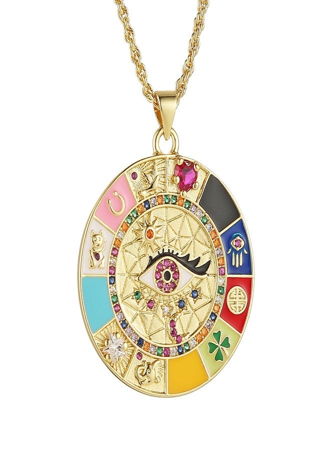 HZMAN Evil Eye Necklace for Women Retro Enamel 18K Gold Plated Round Medal Necklace Pendant Good Luck Amulet Jewelry Gift (Colorful-5) - Image 1