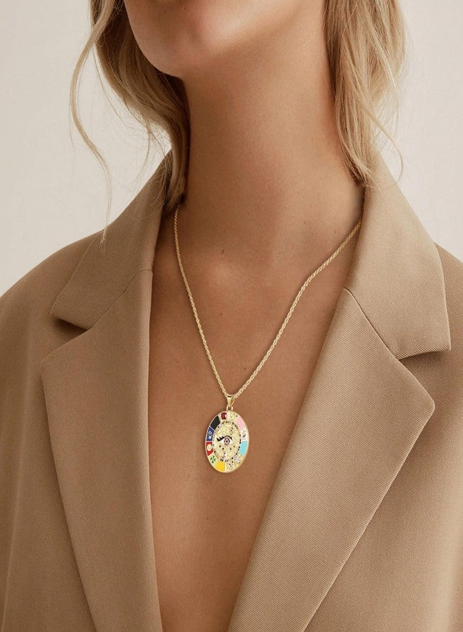 HZMAN Evil Eye Necklace for Women Retro Enamel 18K Gold Plated Round Medal Necklace Pendant Good Luck Amulet Jewelry Gift (Colorful-5) - Image 3